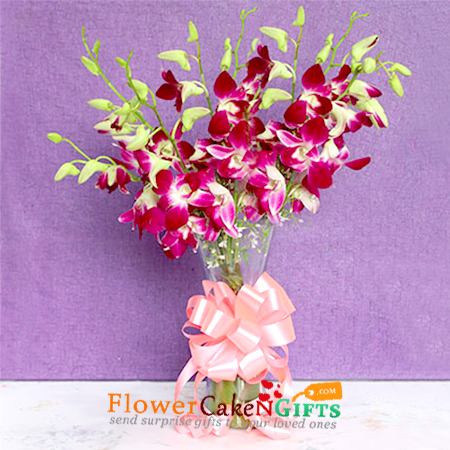 send 8 purple orchids bunch with glass vase delivery