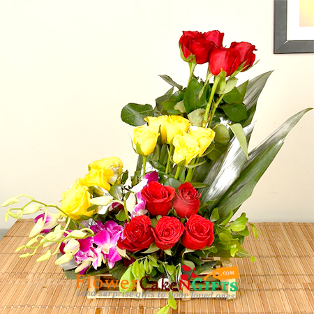 send 8 yellow 8 red roses 2 purple orchids basket delivery