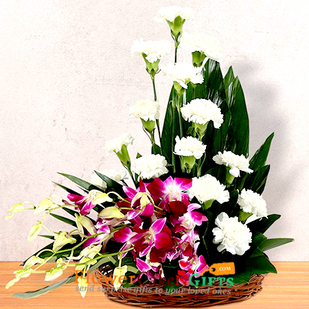send 12 carnation 3 purple orchid flower basket delivery