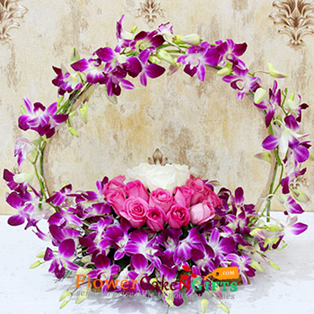 send designer purple orchids n roses basket delivery