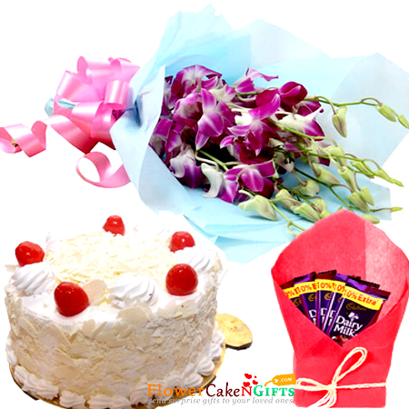 send half kg white forest cake n dairy milk chocolate n orchid bouquet delivery