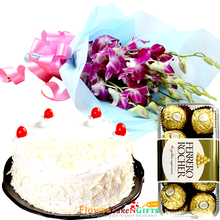 send 1kg eggless white forest cake n ferrero rocher chocolates n orchid bouquet delivery