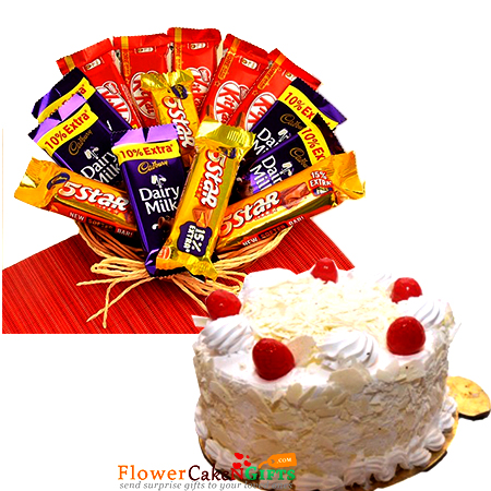 send half kg white forest cake and chocolate basket delivery