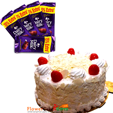 send 1kg eggless white forest cake and 5 dary mike chocolate delivery
