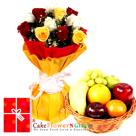 send 3 Kg Fresh Fruits Basket, 6 Yellow Roses Bunch and Greeting Card delivery
