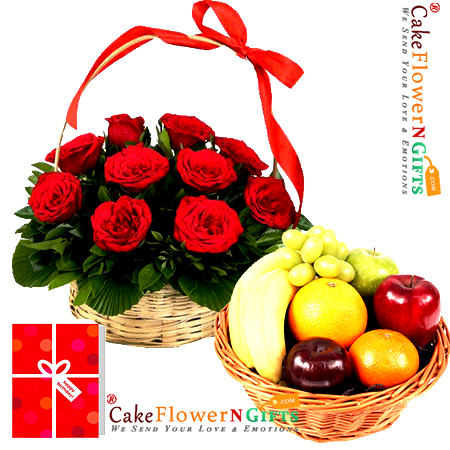 send 3kg fresh fruits basket 15 roses basket and greeting card delivery