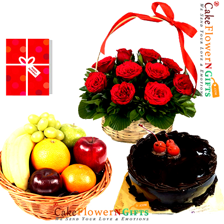 send half kg chocolate cake 3 kg fresh fruits basket 15 roses basket greeting card delivery