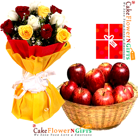 send 10 mix roses 3 kg apples basket and greeting card delivery