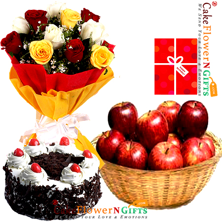 send half kg black forest cake 3 kg fresh apple fruit basket roses bunch delivery
