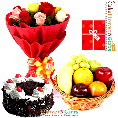 send half kg choclate cake 3kg fresh basket 15 roses basket greeting card delivery