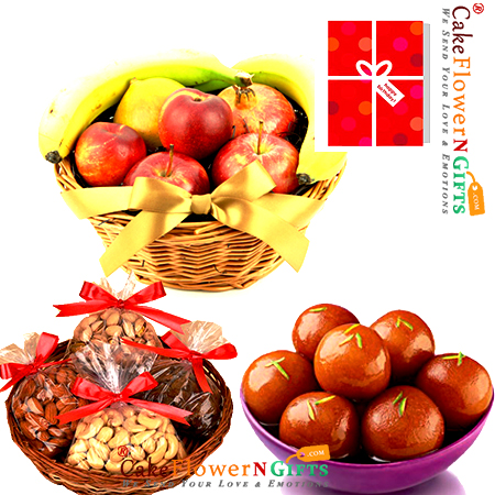 send 1kg mixed dry druits 3kg Fresh Fruits 1 kg gulab jamun delivery