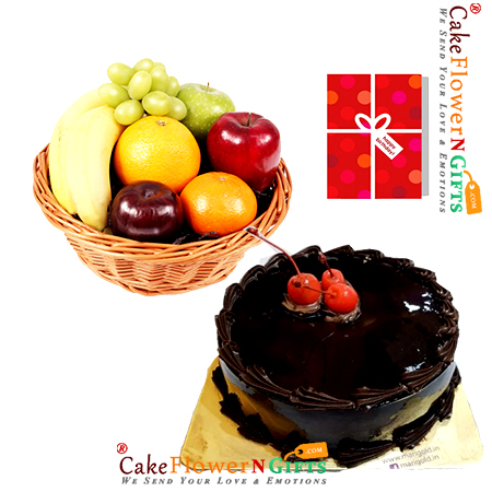 send half kg chocolate cake 3kg fresh fruits basket with greeting card delivery
