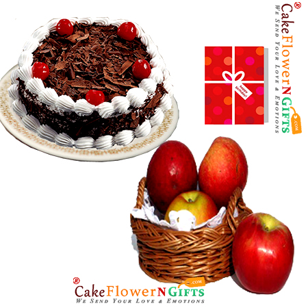 send half kg black forest cake 1kg fresh apple basket with greeting card delivery