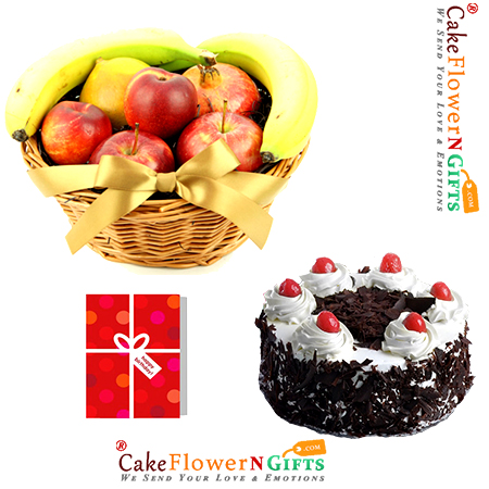 send half kg black forest cake 2kg fresh fruit basket with greeting card delivery