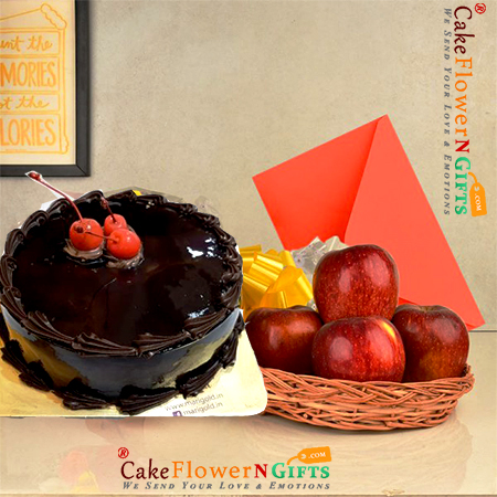 send half kg chocolate cake 1kg fresh apple basket with greeting card delivery