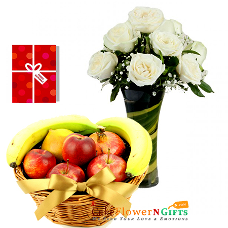 send 10 white roses vase with 2 kg fresh fruit basket delivery