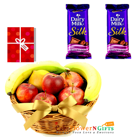 send 2 kg fresh fruits basket with 2 cadbury silk and greeting card delivery