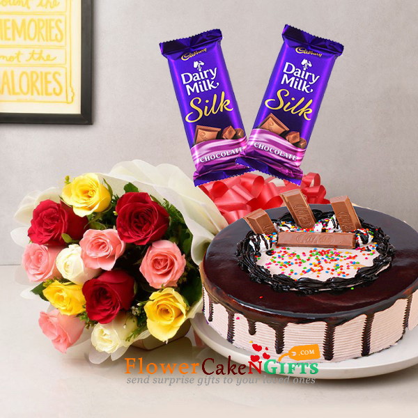 send kit kat chocolate cake 10 mix roses 2 silk chocolate delivery