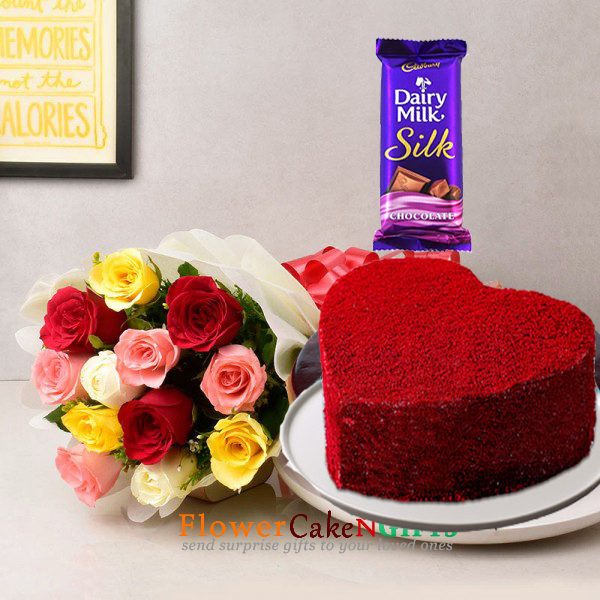 send half kg red velvet cake heart shape 10 red roses silk chocolate delivery