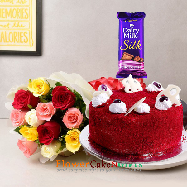 send half kg red velvet cake 10 red roses silk chocolate delivery