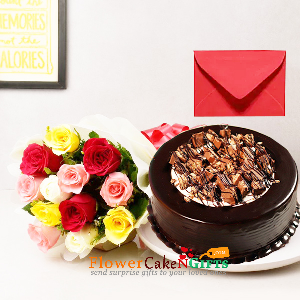 send half kg choco kitkat cake and 10 mix roses bouquet n card delivery