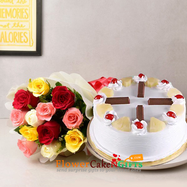 send half kg kit kat pineapple cake and 10 mix roses bouquet delivery