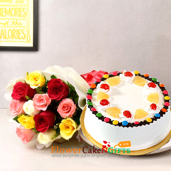 send 1kg pineapple gems cake and 10 mix roses bouquet delivery