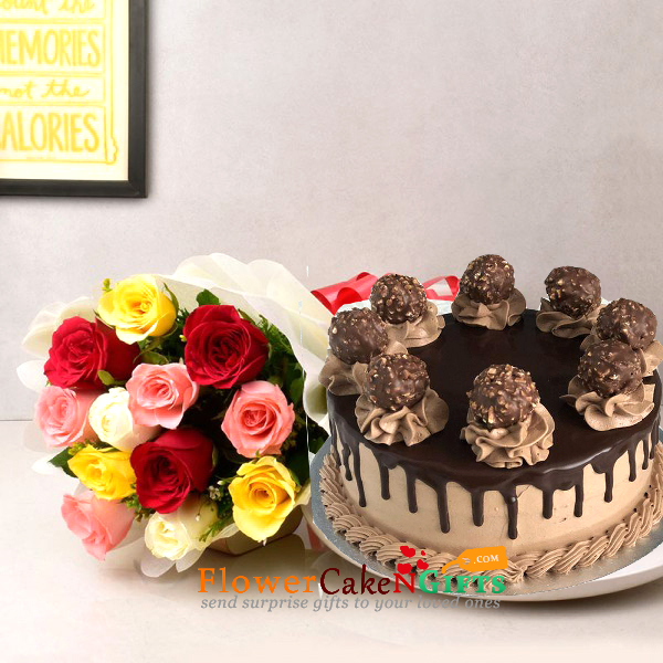send 1kg ferrero rocher chocolate cake and 10 mix roses bouquet delivery