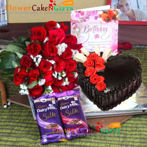 send 1kg eggless heart shape chocolate cake with 25 roses bouquet and cadbury silk delivery
