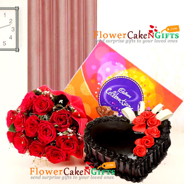 send half kg eggless truffle cake 12 roses bouquet n celebrations chocolates delivery