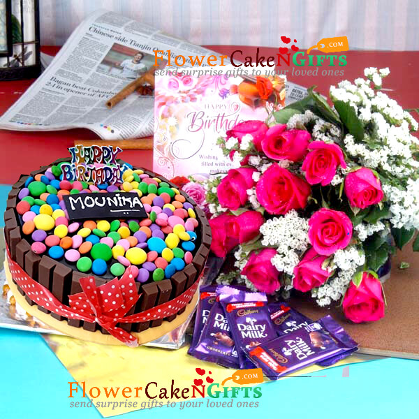 send half kg eggless kitkat gems cake 12 pink roses bouquet chocolate card delivery