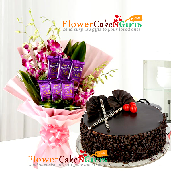 send half kg choco chip cake n orchids silk chocolates bouquet delivery