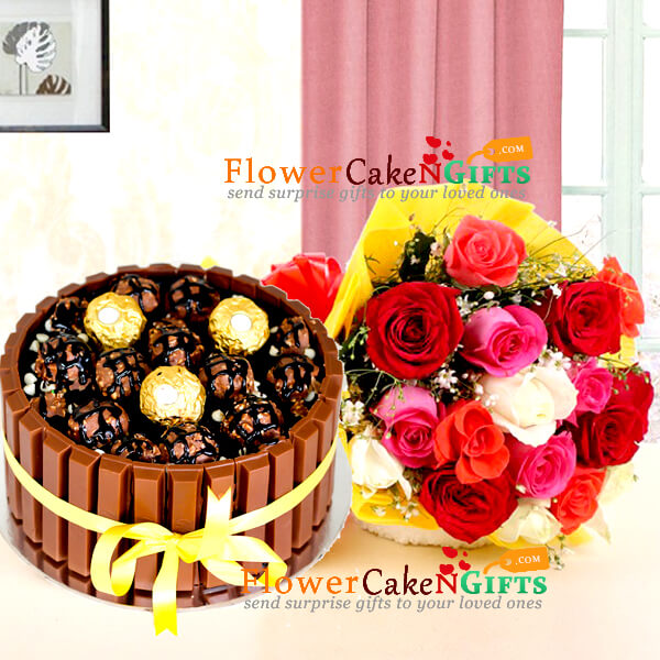 send 1kg eggless kitkat ferrero rocher cake with 15 roses bouquet delivery