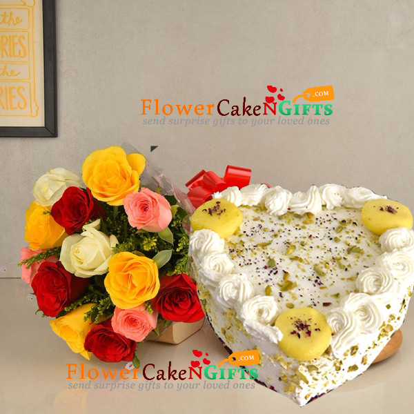 send 1kg eggless heart shape rasmalai cake and 10 roses bouquet delivery
