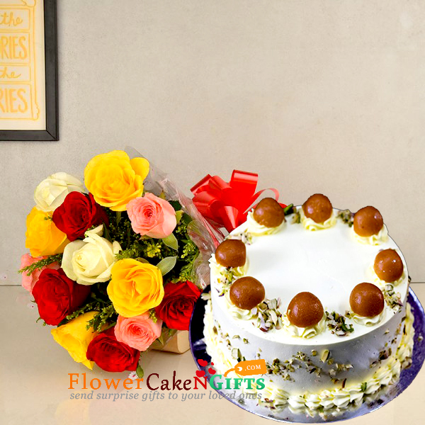 send half kg eggless gulab jamun cake and 10 mix roses bouquet delivery