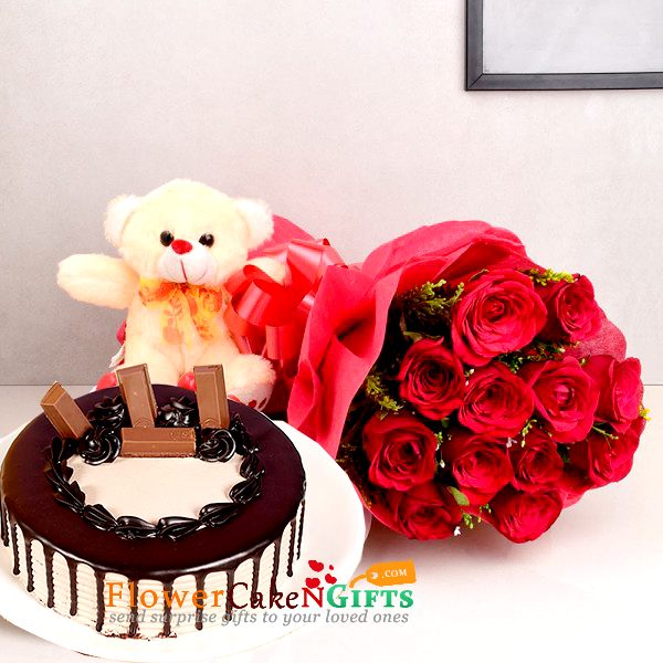 send half kg eggless kitkat chocolate cake teddy with 12 red roses bouquet delivery