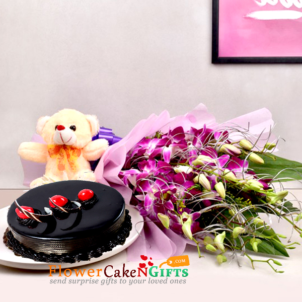 send half kg eggless chocolate cake teddy bear 6 purple orchids delivery