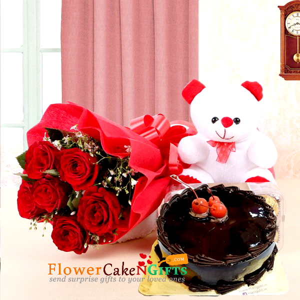 send half kg chocolate cake teddy bear 6 red roses delivery