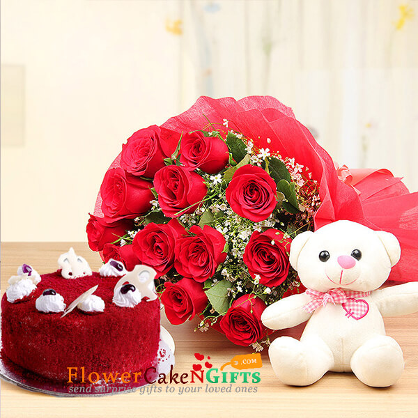 send half kg eggless red velvet cake teddy bear 12 red roses bouquet delivery
