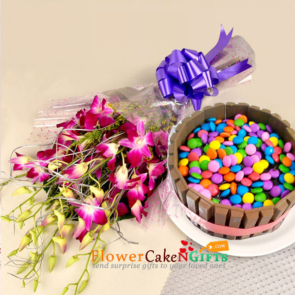send half kg eggless kitkat gems cake and 5 orchid flower bouquet delivery