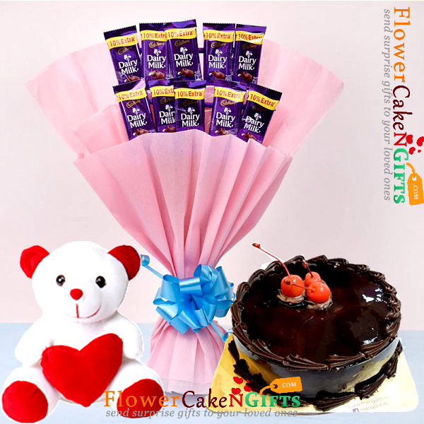 send half kg eggless chocolate cake teddy dairy milk chocolate bouquet delivery