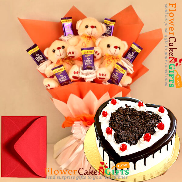 send 1kg black forest heart shape cake n teddy chocolate bouquet  delivery