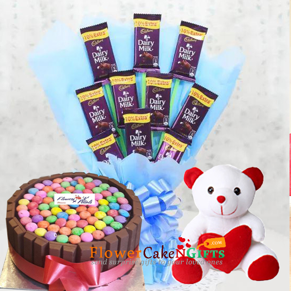 send half kg kitkat gems cake n teddy chocolate bouquet delivery