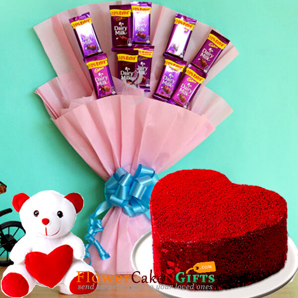 send half kg red velvet heart shape cake n teddy chocolate bouquet delivery