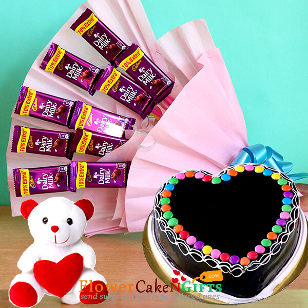 send half kg eggless chocolate gems heart shaped cake teddy dairy milk chocolate bouquet delivery