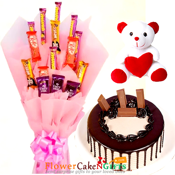 send half kg kitkat chocolate cake teddy mix chocolate bouquet delivery