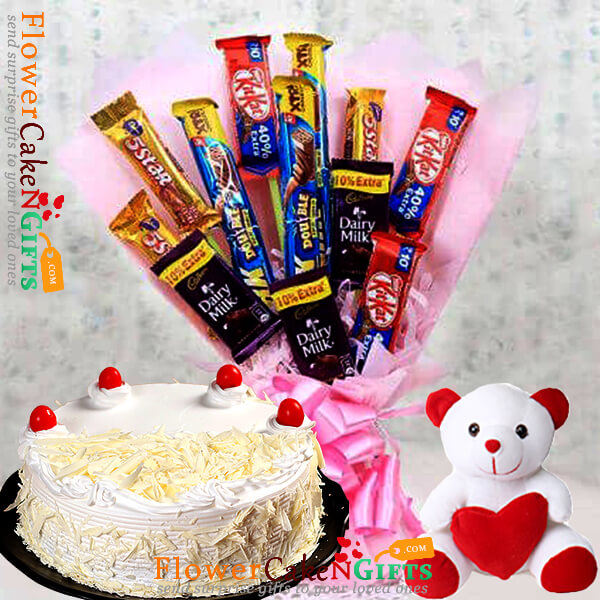 send 1kg white forest cake teddy chocolates bouquet delivery