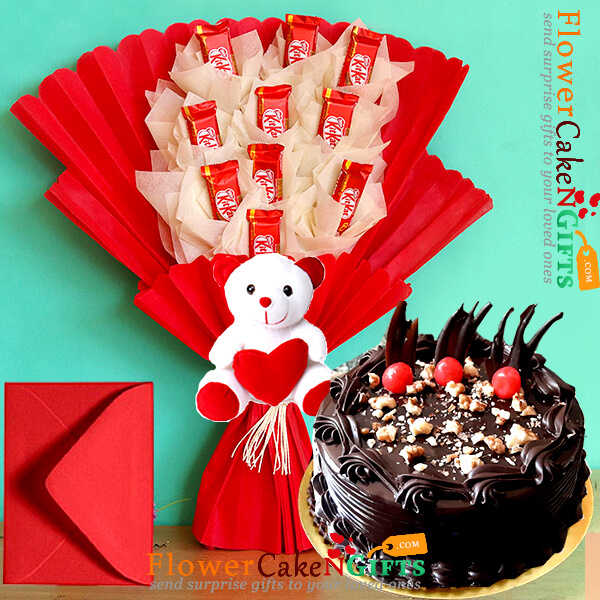 send half kg dry fruit chocolate cake teddy kitkat chocolate bouquet delivery