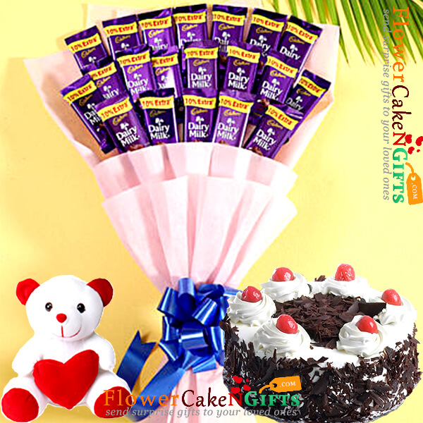 send 1kg eggless black forest cake teddy cadbury dairy milk bouquet delivery