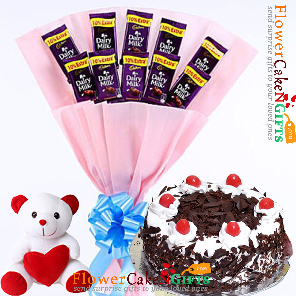send half kg black forest cake teddy dairy milk chocolate bouquet delivery